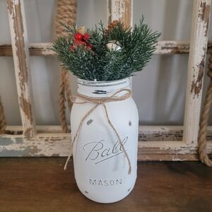 Hand-painted, Distress & Sealed Quart Size Mason Jar Holiday With Faux Florals